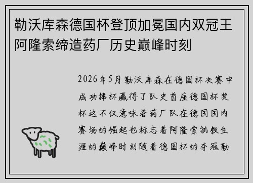 勒沃库森德国杯登顶加冕国内双冠王阿隆索缔造药厂历史巅峰时刻